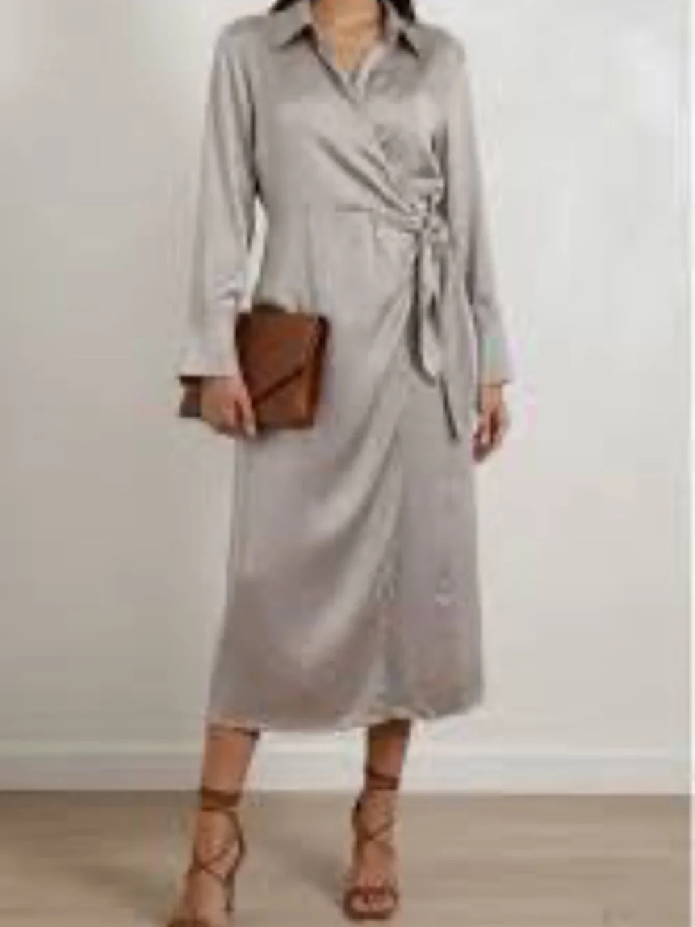 Jason Wu Satin Long Sleeve Wrap Dress Silver Gray/Taupe Large